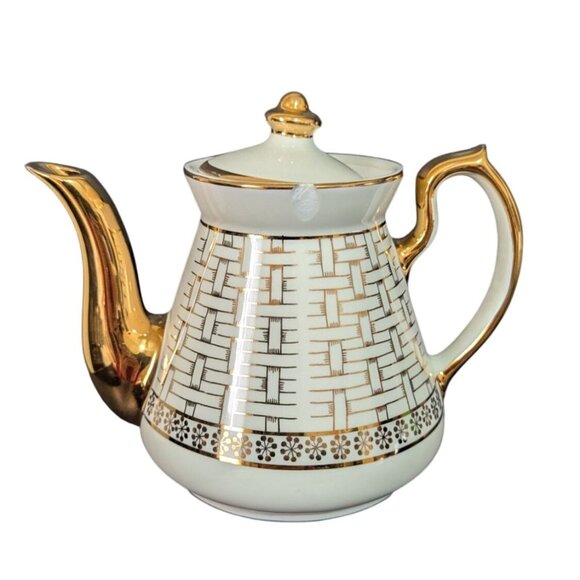 Hall Gold Label Kitchenware Teapot Ivory Gold Basket Weave 6 Cup USA 1941 - Picture 3 of 11